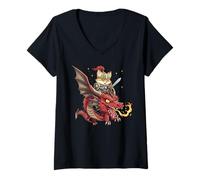 Damen Fox Knight Reitdrache Mittelalter Ren Faire Grafik T-Shirt mit V-Ausschnitt
