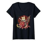 Damen Fox Knight Reitdrache Mittelalter Ren Faire Grafik T-Shirt mit V-Ausschnitt