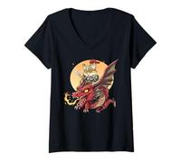 Damen Fox Knight Reitdrache Mittelalter Ren Faire Grafik T-Shirt mit V-Ausschnitt