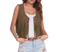 Damen Fransen Weste Hippie Kleidung Lange Fransenweste Ärmellos Denim Vintage Jacke mit Quaste 60er 70er Wildleder Vorne Offen Cardigan Outwear Cowgirl Cowboy Disco Outfit Oktoberfest Karneval Kostüme