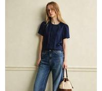 Damen Französisch elegante Rundhals Patchwork Spitze bestickte wellige modische Lässig Pendler Kurzarm Bluse