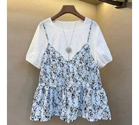 Damen Französisch Lässig Elegant Urlaub, Gewebter bedruckter Stoff, Weißes Patchwork Kleines Blumenmuster Camisole 2 In 1 Rundhals Kurzarm Hemd, Tägli