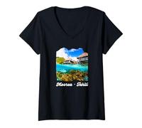 Damen Französisch-Polynesien Moorea Tahiti T-Shirt mit V-Ausschnitt