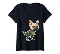 Damen Französische Bulldogge T Rex Lustiger Dinosaurier T-Shirt mit V-Ausschnitt