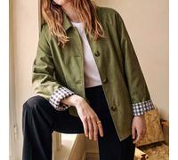Damen Französischer Vintage Militärgrüner kurzer lockerer Trenchcoat, Herbst Outfit, Ärmelmanschette Patchwork Schwarz & Kaffee Karomuster Design, Dam