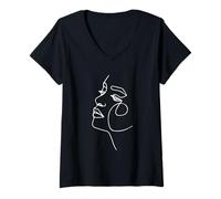Damen Frau Gesicht Linie Kunst Abstrakt Minimalistisch Einfach Umriss Frauen T-Shirt mit V-Ausschnitt