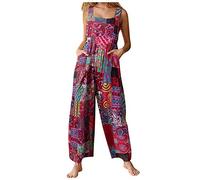 Damen Frauen Latzhose Beiläufig, Treer Sommer Eleganter Lose Lange Jumpsuit mit Tasche Retro Patchwork Baumwolle Leinen Strampler Overall Rompers Wide Leg Hosen Romper Playsuit (Rot,M)