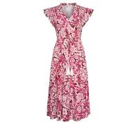 Damen Freizeit Sommerkleider Hochzeitsgast A-Linie Blumen Midi Kleid Flatterärmel Lange Swing Boho Stufen Swing Kleid Pink Floral S