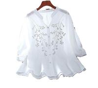 Damen-Freizeithemden - Damen-Bluse, Bestickt, Frühling, Sommer, Dünnes Oberteil Mit Ballonärmeln, Modisch, Weiß, Blumenmuster, Vintage-Stil, Stehkragen, Einreihiges Hemd, Kurze Ärmel, Streetw