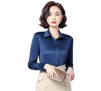 Damen-Freizeithemden - Damen-Satin-Hemd, Elegantes Büro-Damen-Business-Party-Hemd, Grünes Frühlings-Herbst-Langarm-Oberteil, Vintage-Revers, Einreihig, Modisch, Schmale Passform, Outdoor, Marin