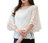 Damen-Freizeithemden - Frühling, Sommer, Damen-Halbarmhemd, Modisch, Weiß, Rundhalsausschnitt, Baumwollspitze, Rüschenbluse, Schmetterlingsärmel, Slim-Fit-Pullover, Tunika-Oberteil, Elegante B