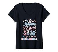 Damen Frohe Ostern 2026 Bunny Eggs Butterflies Delight T-Shirt mit V-Ausschnitt