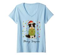 Damen Frohe Woofmas Weihnachtsmütze Border Collie Kinder Jungen Mädchen T-Shirt mit V-Ausschnitt