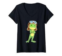 Damen Frosch Pilot Pilotenmütze T-Shirt mit V-Ausschnitt
