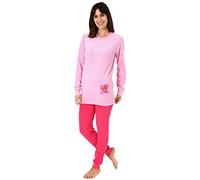 Damen Frottee Pyjama Langarm Schlafanzug mit Bündchen und Herz Motiv - 61695, Farbe:rosa, Größe2:48/50