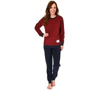 Damen Frottee Pyjama Langarm Schlafanzug mit Bündchen und süsser Applikation - 201 13 565, Farbe:rot, Größe2:48/50