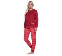 Damen Frottee Pyjama mit Rundhals, Uni Oberteil, Alpaka, Hose in Ringel-Optik, Rot, 67261. Gr. M 40/42