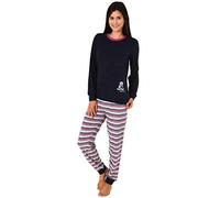 Damen Frottee Pyjama Schlafanzug Langarm mit Bündchen und süsser Bär-Applikation 20113777, Farbe:Navy, Größe2:48/50