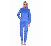 Damen Frottee Schlafanzug Langarm Pyjama mit Bündchen - auch in Übergrössen, Farbe:blau, Größe:40-42