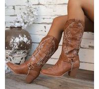 Damen Frühling Herbst 2024 Neue bestickte Western Stiefel Outdoor Lässig Mode Schnalle Kette Kniehohe Stiefel, perfekt zu Pullover, Cowgirl Stiefel, C