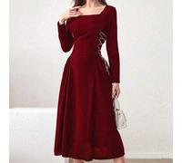 Damen Frühling/Sommer langärmliges Midi-Kleid mit quadratischem Ausschnitt und seitlicher Taillenschleife als elegantes Outfit für Neujahr, langes Abe