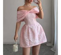 Damen Frühling/Sommer Minirock mit Off-Shoulder Schleifentragen-Ausschnitt aus Jacquard-Gewebe