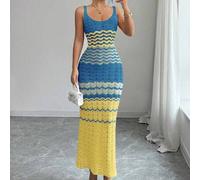 Damen Frühling/Sommer Neuankömmling lang anliegendes gestricktes Trägerkleid, cremefarbig-gelb gestreiftes elegantes ärmelloses Strickkleid