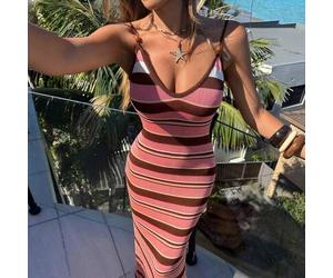 Damen Frühling/Sommer Neues gestricktes Häkelkleid, Kreuz-Rücken Rückenfreies gestreiftes Boho Urlaubskleid, elegantes Kleid für Damen