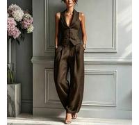 Damen Frühling/Sommer Pendler-Stil Hellrosa Anzug Weste & Weite Hose Set, mit Revers Einreiher Ärmellose Weste kombiniert mit hoch taillierter weiter