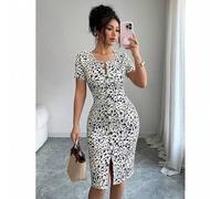 Damen Frühling/Sommer Rundhals Strick Blumen Kurz Kleid, dekoriert mit kleinen Blumenmustern, geeignet für lässigen Alltag, Arbeit, Reisen, Strand, Bo