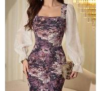 Damen Frühling/Sommer Strick Bedrucktes Langarm Chiffon Taillengefittet und ausgestelltes elegantes Kleid