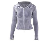 Damen Frühling Umlegekragen Zweiwege-Reißverschluss Kurze Passform Strick Strickjacke Langarm, Lässiger Pendler Straßen-Stil Jacke