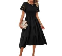 Damen FrüHling Und Sommer Feste Farbe Temperament Plissiert Hohl KurzäRmelige A-Linie Kleider