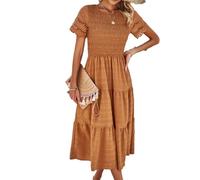 Damen FrüHling Und Sommer Feste Farbe Temperament Plissiert Hohl KurzäRmelige A-Linie Kleider