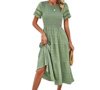 Damen FrüHling Und Sommer Feste Farbe Temperament Plissiert Hohl KurzäRmelige A-Linie Kleider