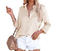 Damen FrüHling Und Sommer Satin Langarm V-Ausschnitt Solide Farbe Single-Breasted Cardigan BüRo Bequeme Casual Business Shirt Weiblich