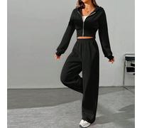 Damen Frühlings Mode schwarzer Zip-Front Kapuzensweatshirt und Hosen Zweiteiler