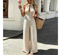 Damen Frühlings-/Sommer-Jumpsuit in Grau-Apricot, Stehkragen Schnürung Weites Bein Jumpsuit, modifizierter chinesischer Stil strukturierter hoher Tail
