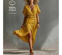 Damen Frühlings-/Sommer-Mode Wickelkleid in Midi-Länge, mit V-Ausschnitt, Kurzarm und Knopfdesign an der Seite, aus leinenähnlichem Stoff gefertigt, g