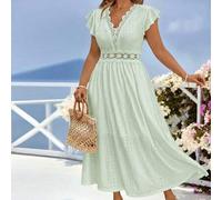 Damen-Frühlings-/Sommerkleid in Große Größen, weißes gestricktes Jacquard-Kleid mit elastischem Spitzenbesatz an Kragen & Taille, A-Linie, langes Klei
