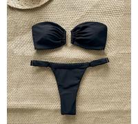 Damen Frühlingspause farblich Einfarbig Bandeau-Top mit Metalldekor und Tanga Bikini 2-teiliges Set