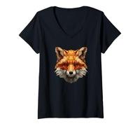 Damen Fuchs Portrait - Geometrische Tierkunst T-Shirt mit V-Ausschnitt