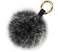 Damen Fuchspelz Pom Pom Ball Echtfell Fell Pelz Bommel Schlüsselanhänger Taschenanhänger Schlüssel- Taschen- Fellanhänger Pelz-Anhänger für Handtaschen, Rückspiegel im Auto (schwarz mit weißer Spitze)