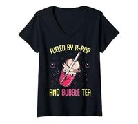 Damen Fueled By K-Pop And Bubble Tea Koreanische Pop Musik Fans T-Shirt mit V-Ausschnitt