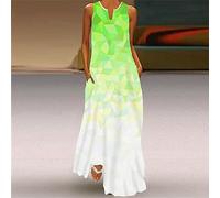 Damen Funky Lockeres Langes Kleid - Sexy V-Ausschnitt Ärmelloses Sommerkleid, Farbverlauf Grün, Geometrie, Gespleißter Druck, Strandparty-Maxikleid, Lässiges Sommer-Ferien-Swing-Kleid, Pulloverr