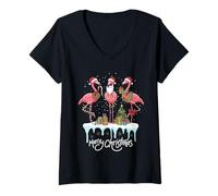 Damen Funny Christmas Flamingo Tee - Süße rosa Flamingos inkl T-Shirt mit V-Ausschnitt