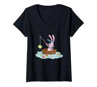 Damen Funny Easter Bunny Fishing Egg Hunting - Easter Sunday Fun T-Shirt mit V-Ausschnitt