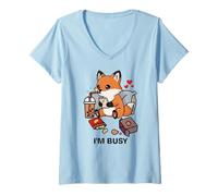 Damen Funny Fox I'm Busy Boba Tea Snacks Zoo Boys Girls Kids T-Shirt mit V-Ausschnitt