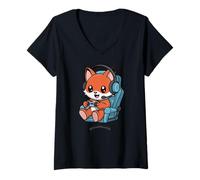 Damen Funny Gamer Red Fox Gaming Video Game Enthusiast Boys Kids T-Shirt mit V-Ausschnitt
