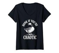 Damen Funny Honk If You're Chaotic Goose Design T-Shirt mit V-Ausschnitt